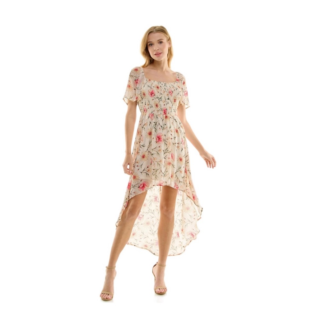 Juniors' Lily Rose Short Sleeve Smocked Hi Low Dress